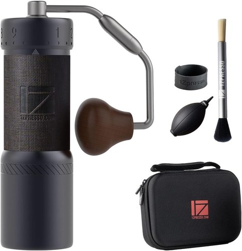 1Zpresso J-Ultra hand coffee grinder with external numbered dial, shown with case and accessories