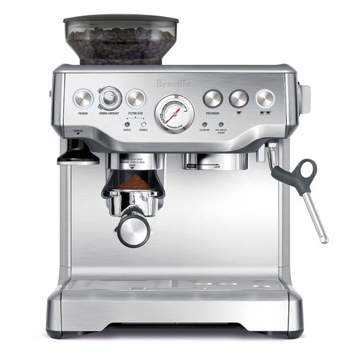 Breville Barista Express espresso machine, stainless steel, front view