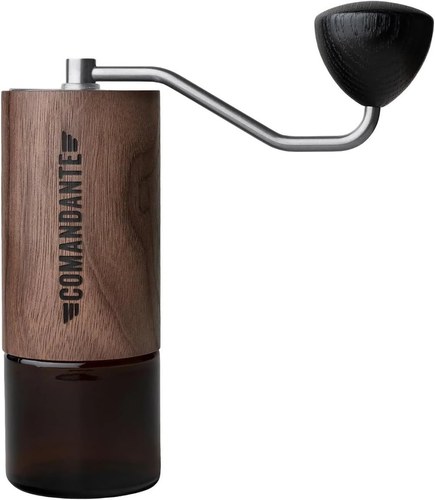 Comandante C40 hand coffee grinder, walnut wood body with amber glass base