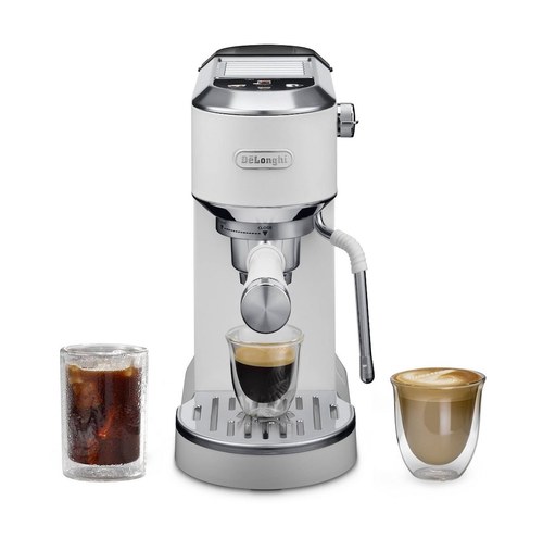 DeLonghi Dedica espresso machine, white finish, with espresso and iced coffee drinks shown alongside