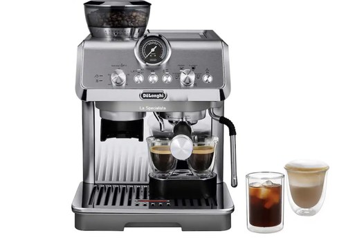 DeLonghi La Specialista espresso machine with built-in grinder, stainless steel, shown with espresso, iced coffee, and latte