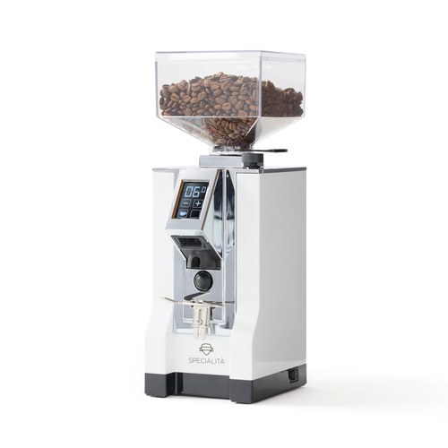Eureka Mignon Specialita coffee grinder, white finish, with bean hopper