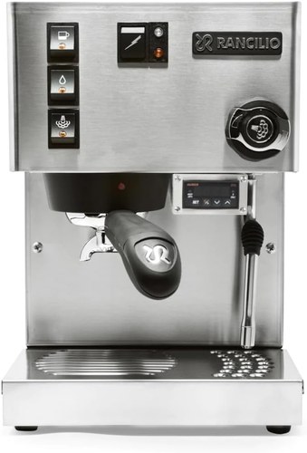 Rancilio Silvia espresso machine, stainless steel, shown with an aftermarket PID controller added, not included stock